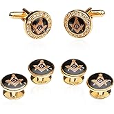 Freemason Crystal Gold Masonic Formal Cufflinks and Studs Set for Mason Tuxedo
