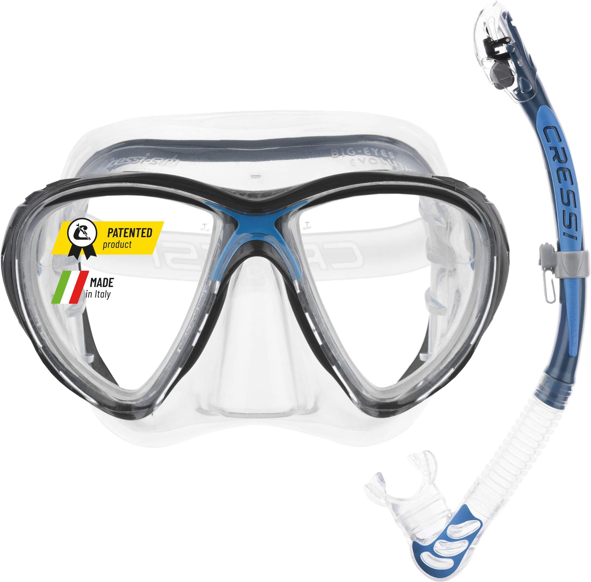 Cressi Big Eyes Evo & Alpha Ultra Dry Snorkel Set Adults - Silicone Snorkel Mask - Dry-Top Breathing Tube - Fit Diving Mask - Clear/Blue - Combo Set