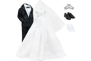 BJDBUS Wedding Set White Dress Bridal Veil and Groom Formal Suit Outfit for Boys Girl 11.5 in. Doll Clothes