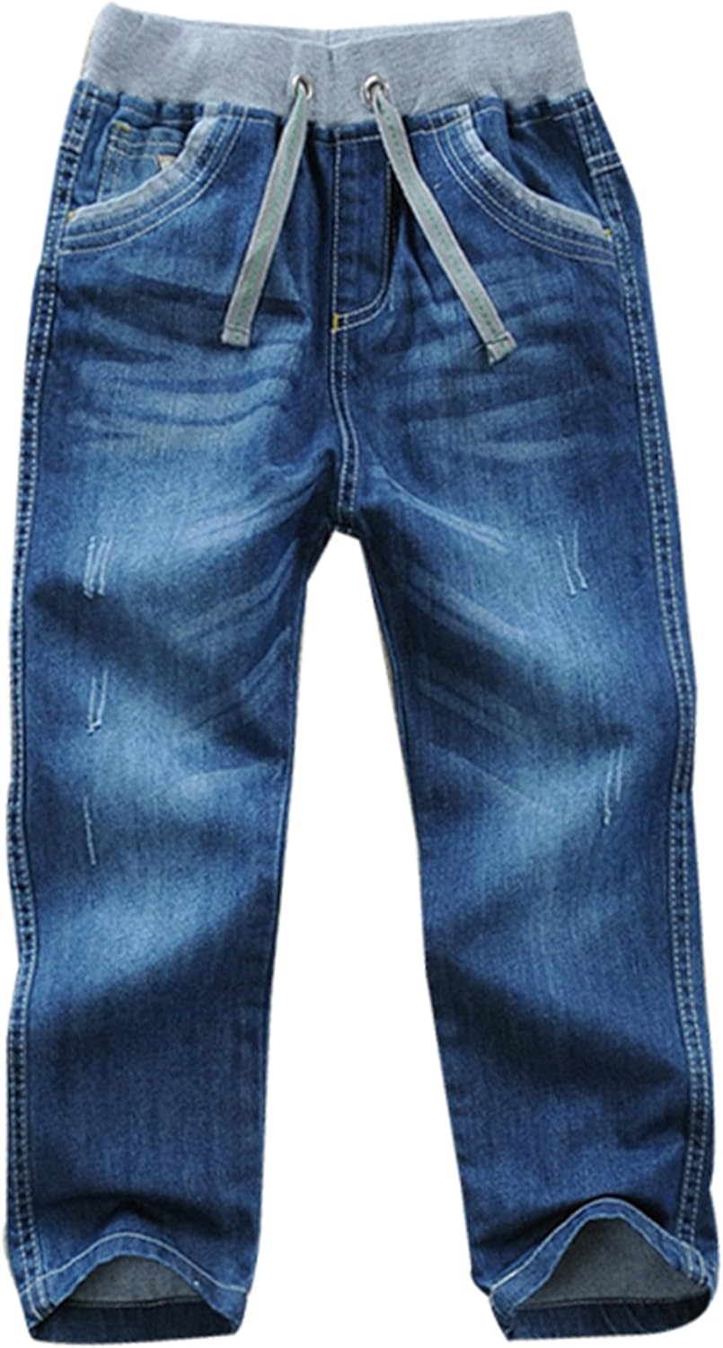 Toddler Kid Boy Elastic Mid Waist Washed Full Length Straight Pants Denim Jeans: Clothing