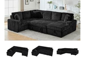 COMFORT STRETCH Oversized Sectional Sleeper Sofa with Pull Out Bed,3 Pillows,U Shaped 7 Seat Fuzzy Rabbit Plush Large Modular Sectional Sofa Bed Storage Chaise Lounge,Type-C USB Port for Living Room,122 Inch,Black