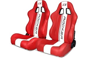 IKON MOTORSPORTS, Universal Racing Seats Pair with Dual Sliders, Red PU Leather White Stripe Reclinable Left Driver Side + Right Passenger Side