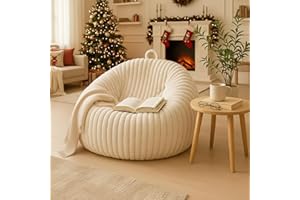 Honeydak Ribbed Rabbit Fur Stuffed Animal Storage Bean Bag Chair Cover (No Filler) Comfy Bean Bag Cover Without Filling or Home Bedroom Decor Organizing Plush Doll Textile Holder(Creamy White, L)