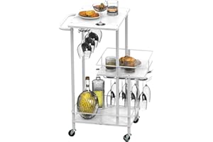 HEOMU Bar Cart, Home Bar Serving Cart, Mobile Kitchen Shelf,Small Bar Cart with 3-Tier Shelf, Wine Holders, Glass Holders, Mini Cart for Small Spaces, Kitchen, Dining Room, Living Room,Parties,White