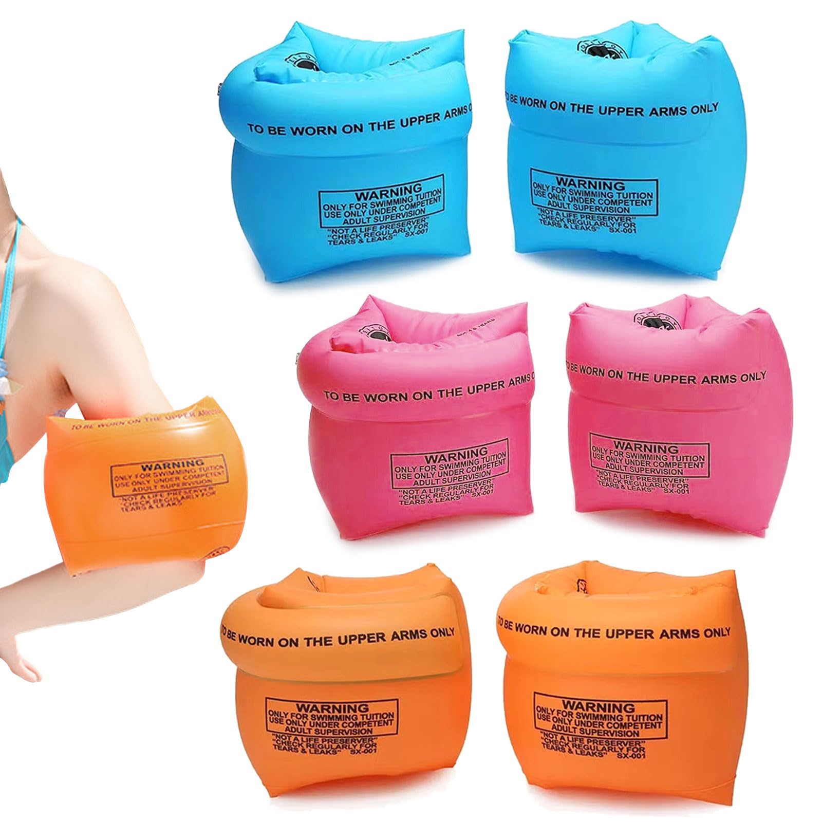 TSHAOUN 3 Pairs Inflatable Swimming Armbands for Kids Adults, Swimming Arm Bands Inflatable Arm Bands Float Roll up Sleeves Swimming Ring, Learning Swim Training Aids, 3 Colors(Orange,Blue,Pink)