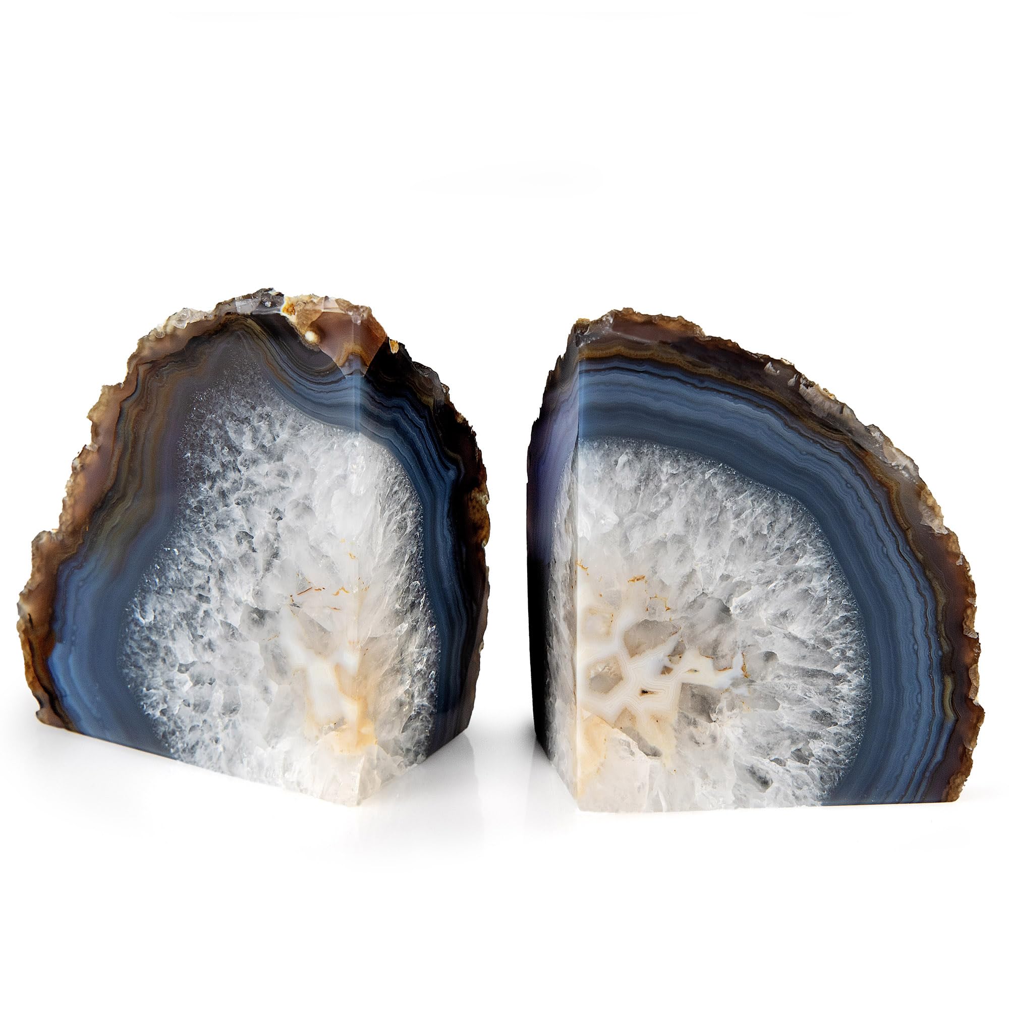 Natural Agate Bookends – Polished Crystal Geode – Real Stone Slice Pair for Book Shelves & Desk Decor