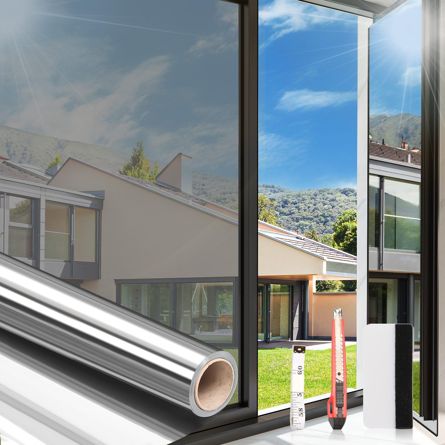 Arthome Heat Blocking Window Film Anti-UV 60cmx460cm,Heat Control Window Stick Tint Reflective No Glue Static Cling Adhesive DIY One Way Film for Home and Office Sun Glare Reduction with Tool