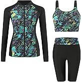 FEOYA Women’s 3 Piece Rash Guard Set Long Sleeve Zip Up Swim Shirt Padded Bikini Top High Waisted Swim Shorts