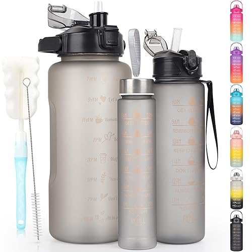 CodiCile Motivational Water Bottle with Straw 3 Pcs, 2L 700ML 300ML Reusable BPA Free Sports Water Bottle, Leakproof Drinks Bottle with Time Markings (Grey)