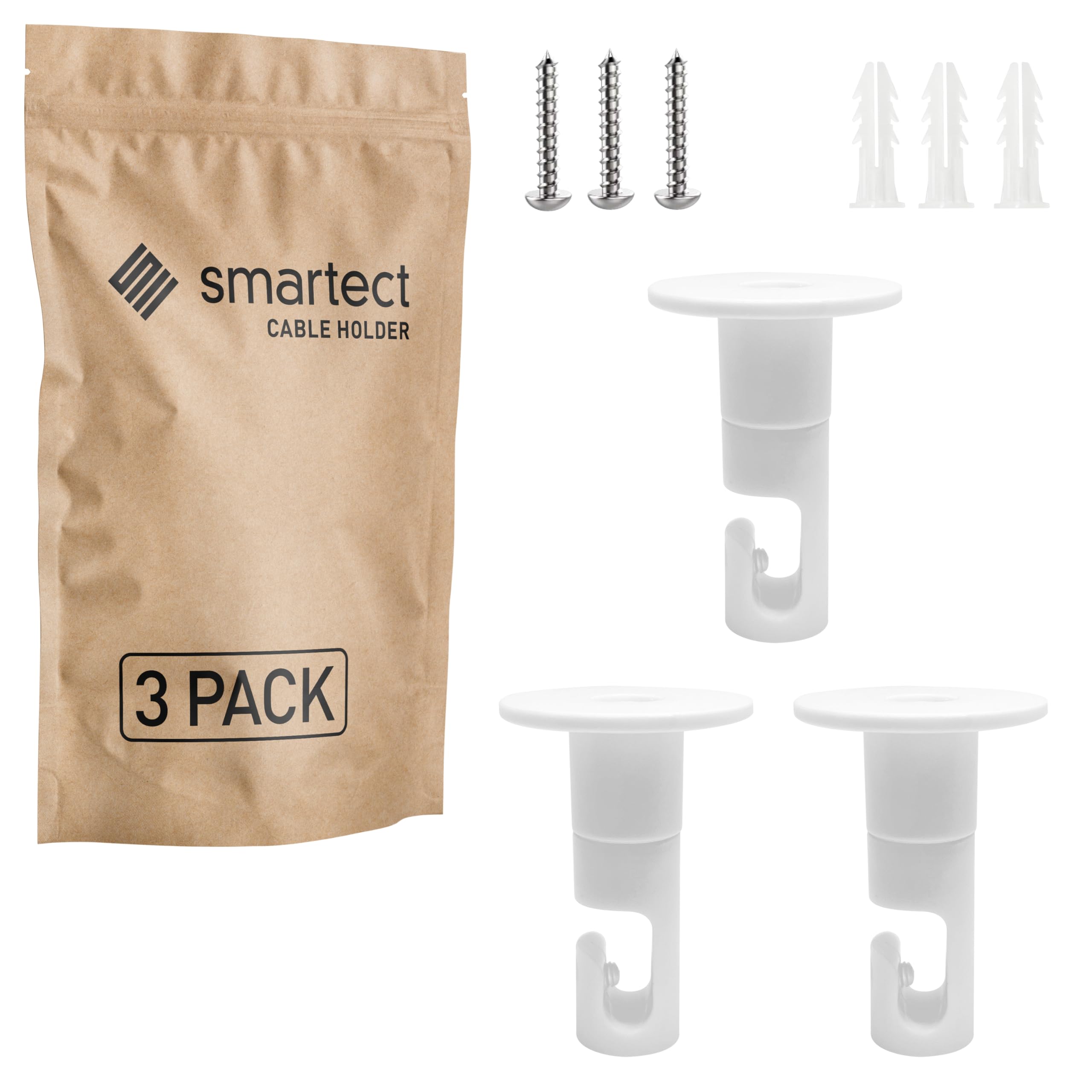 smartect Wall and Ceiling Pins for Hanging Textile Cables [3 Pieces, White] Cable Decentralizer with wall Plugs and Screws Included, Ceiling Light Hook for Your DIY Project