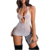 SHENHE Women's Fishnet Lace Lingerie Dress Deep V Sheer Bodycon Chemise Boudoir Rave Outfits