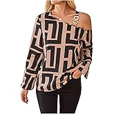 SweatyRocks Women's Asymmetrical Neck Cold Shoulder Long Sleeve Graphic Blouse Shirt