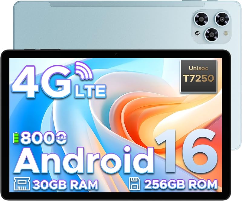 TAB G6 Android 16 Tablet 11 Pollici, 4G LTE 90Hz, 30GB RAM+256GB ROM/TF 2TB, Octa-Core Tablet con Sim, 8000mAh/Gemini AI/Widevine L1/13MP+5MP/OTG/BT5/FACE ID/Doppi altoparlanti/3.5mm Jack-Blu