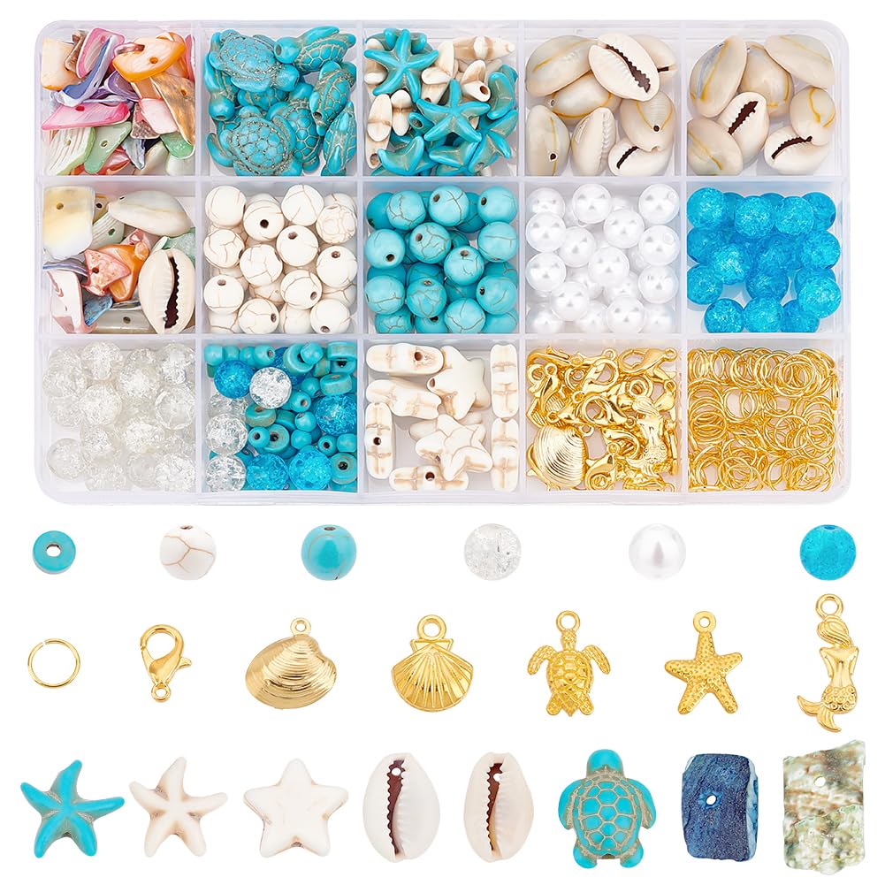 PH PandaHall Ocean Jewellery Making Kit 357pcs Shell Starfish Beads Turtle Mermaid Charms Cowrie Seashell Bead for Summer Bracelet Jewellery Making Necklace Craft