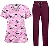 Yodilala Printed Scrubs for Women Nurse uniforms Medical Proffesional V NeckShort Sleeve Stretch Nursing Scrubs SetUniform
