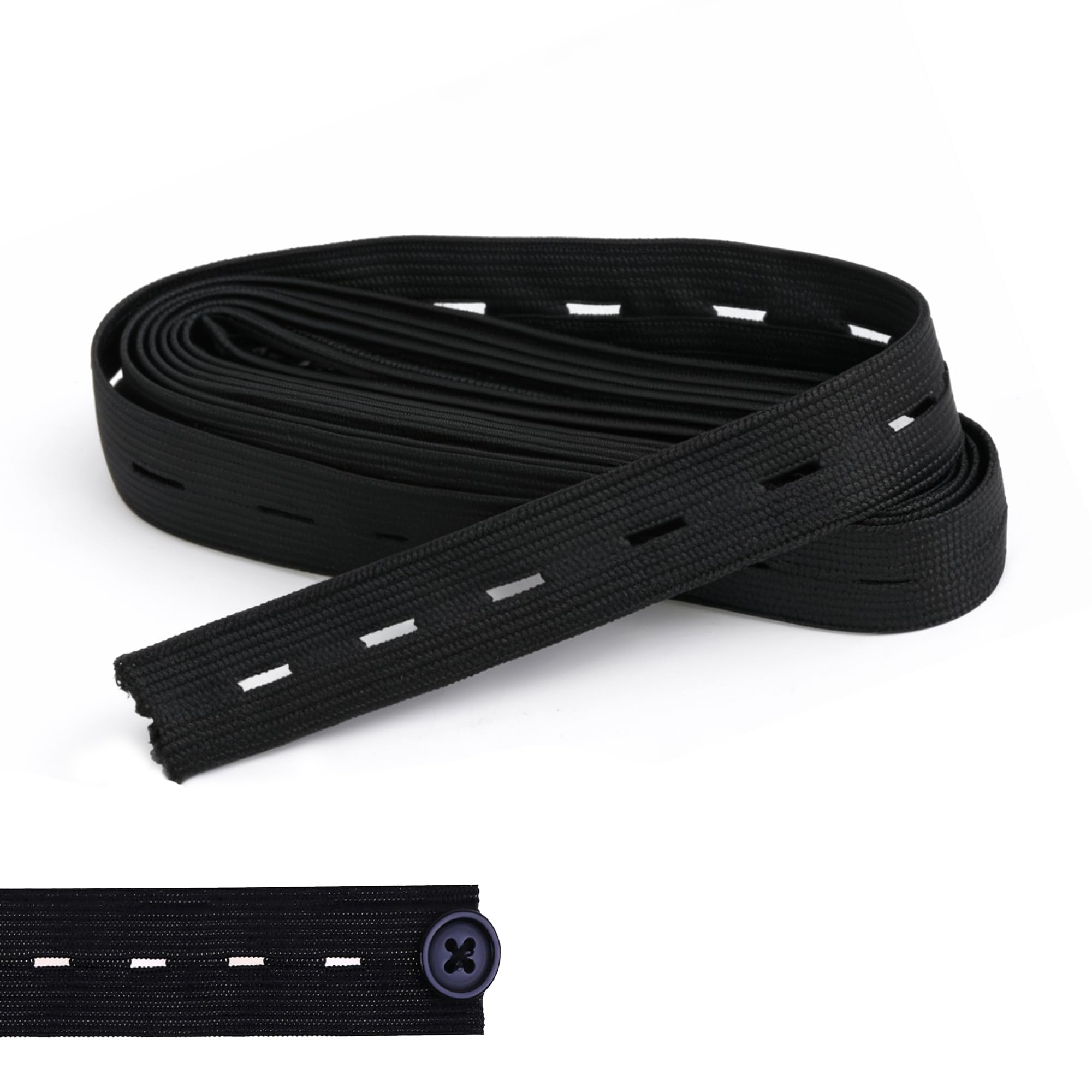 WedDecor 25mm Flat Elastic Band with Button Hole for Sewing Adjustable Waistbands to Children's Trousers or Maternity Wear, Button Extenders DIY for Knitting, Crafting, Clothing, Black, 1 Metre