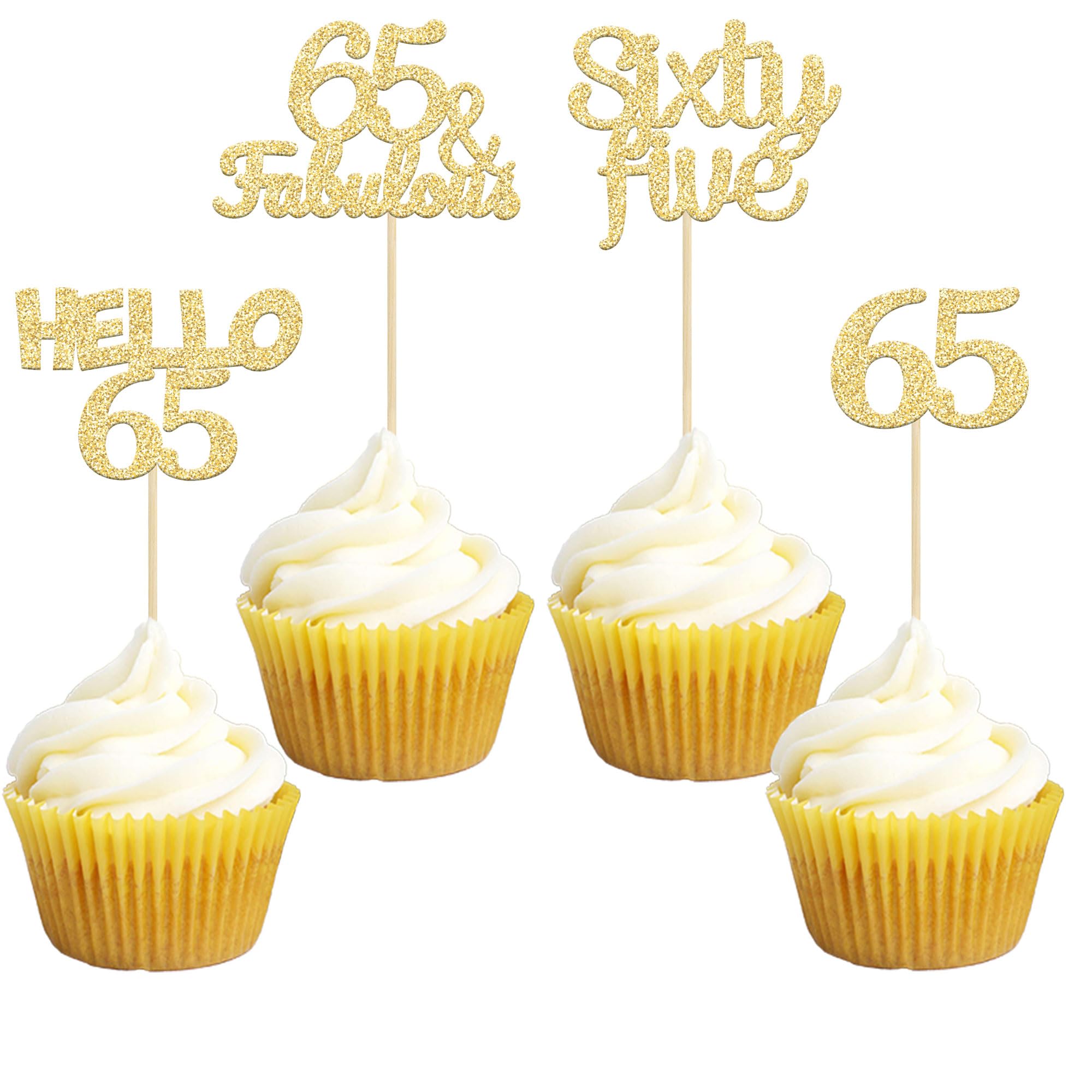 Gyufise 24Pcs Gold Glitter 65th Birthday Cupcake Toppers Hello 65 Sixty Five Cake Toppers 65 & fabulous Cupcake Picks for 65th Birthday Cake Decorations Supplies