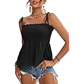 LYANER Women's Tie Shoulder Frill Shirred Ruffle Hem Sleeveless Strappy Cami Blouse Peplum Top