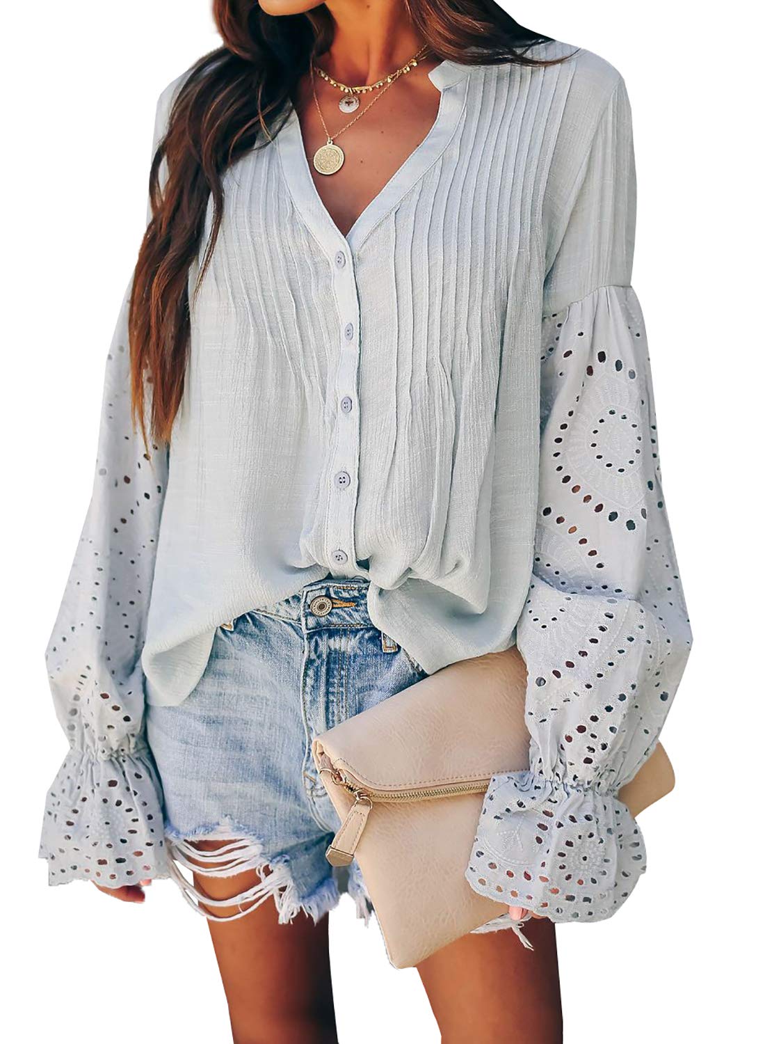 Canikat Women's V Neck Lace Crochet Flowy Bell Sleeve Button Down Casual T Shirts Blouses Tops