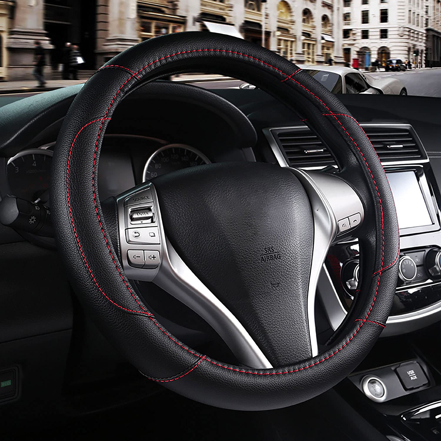 Photo 1 of Leather Car Steering Wheel Cover, Non-Slip Car Wheel Cover Protector Breathable Microfiber Leather Universal Fit for Most Cars (Black)