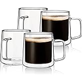 CNGLASS 10oz Glass Coffee Mugs,Double Wall Insulated Glass Mugs with Handle,Clear Espresso Mug for Latte,Cappuccino,Tea Bag,Set of 4