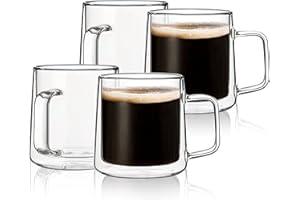 CNGLASS Glass Coffee Mugs,Double Wall Insulated Glass Cups with Handle,Clear Espresso Mugs for Latte,Cappuccino,Tea Bag (4, 1