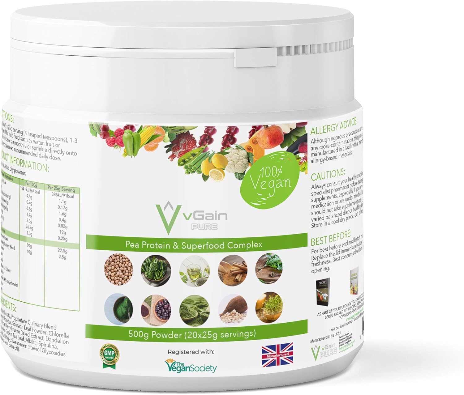Pea Protein Powder & Superfood Complex 500g by vGain PURE Certified