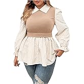 GORGLITTER Women's Plus Size Tops Casual Long Sleeve Peplum Tops Button Down Striped 2 in 1 Collared Baby Doll Tops