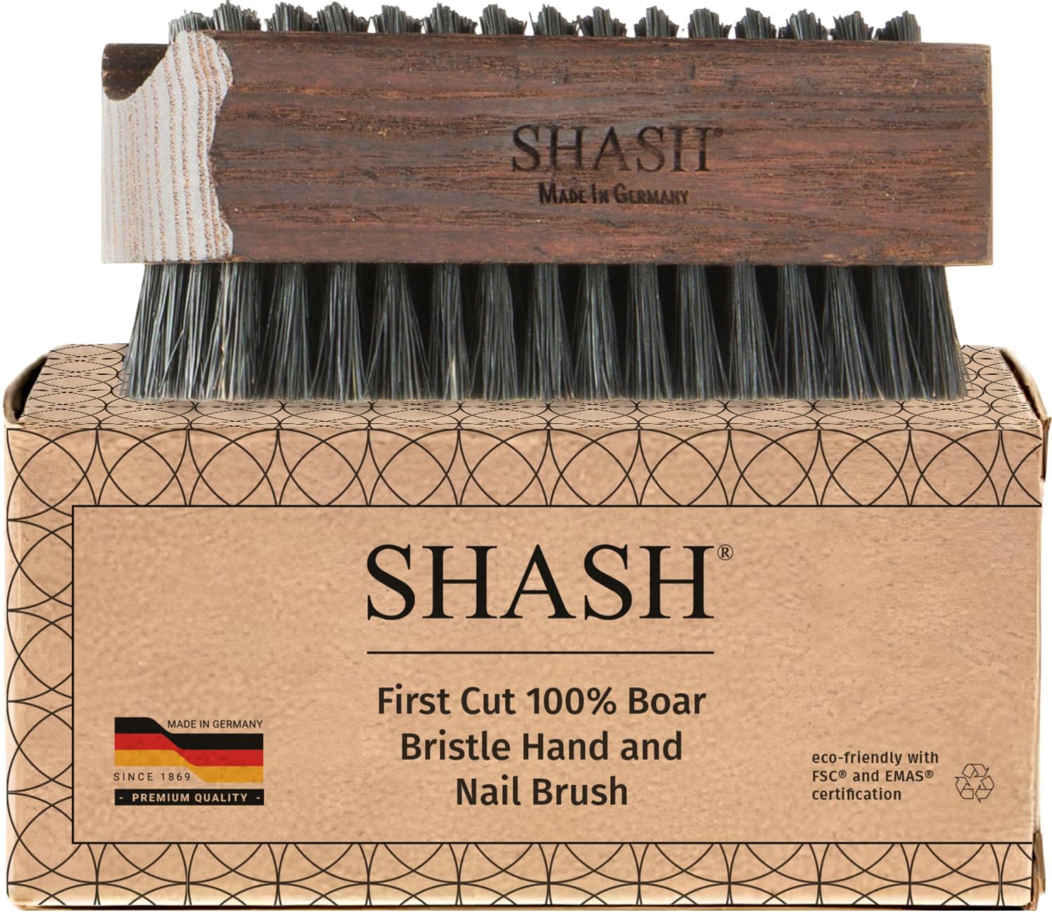 SHASH Handmade Thermo Beech Wood Black Bristle Nail Brush and Hand Brush - Made in Germany Since 1869 | Promotes Softer, Smoother Skin | Comfort Design for Effortless Use