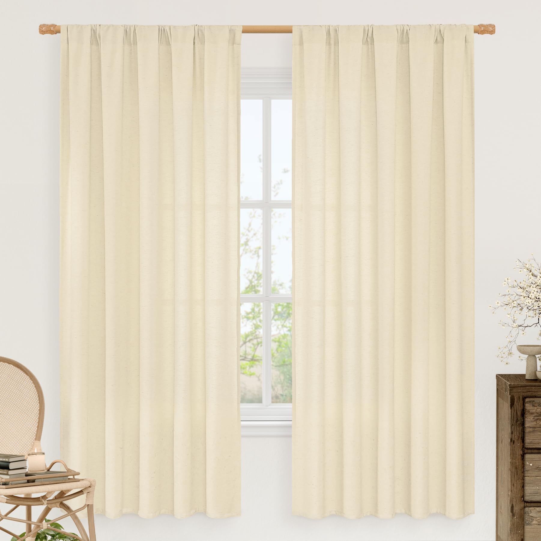 LAMIT Beige Linen Window Curtains 72 Inch Length 2 Panels, Thick Linen Textured Light Filtering Rod Pocket Burlap Boho Neutral Privacy Drapes for Bedroom/Living Room, Beige, 52 x 72 Inch Image