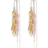 ZioNNyxviana 14K Gold Plated Leaf Threader Crystal Earrings for Women, Long Tassel Elegant Dangle Drop Earrings for Weddings, Galas, and Formal Events, Hypoallergenic Lightweight Jewelry Idea Gift