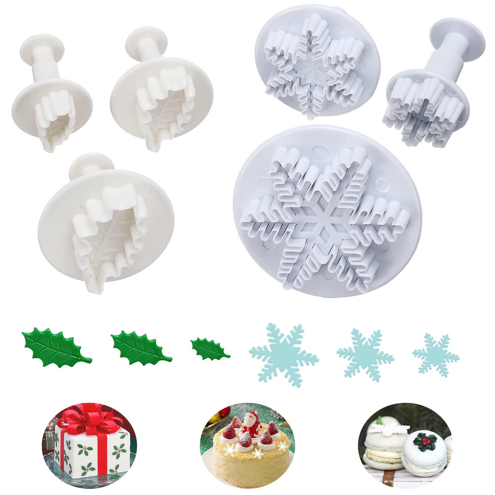 Fondant Cutters Tools, 3PCS Christmas Snowflake Cake Plunger Cutter and 3PCS Holly Leaf Shape Cookie Cutters DIY Baking Accessories Cake Decorating Tools for Kitchen Baking Dessert