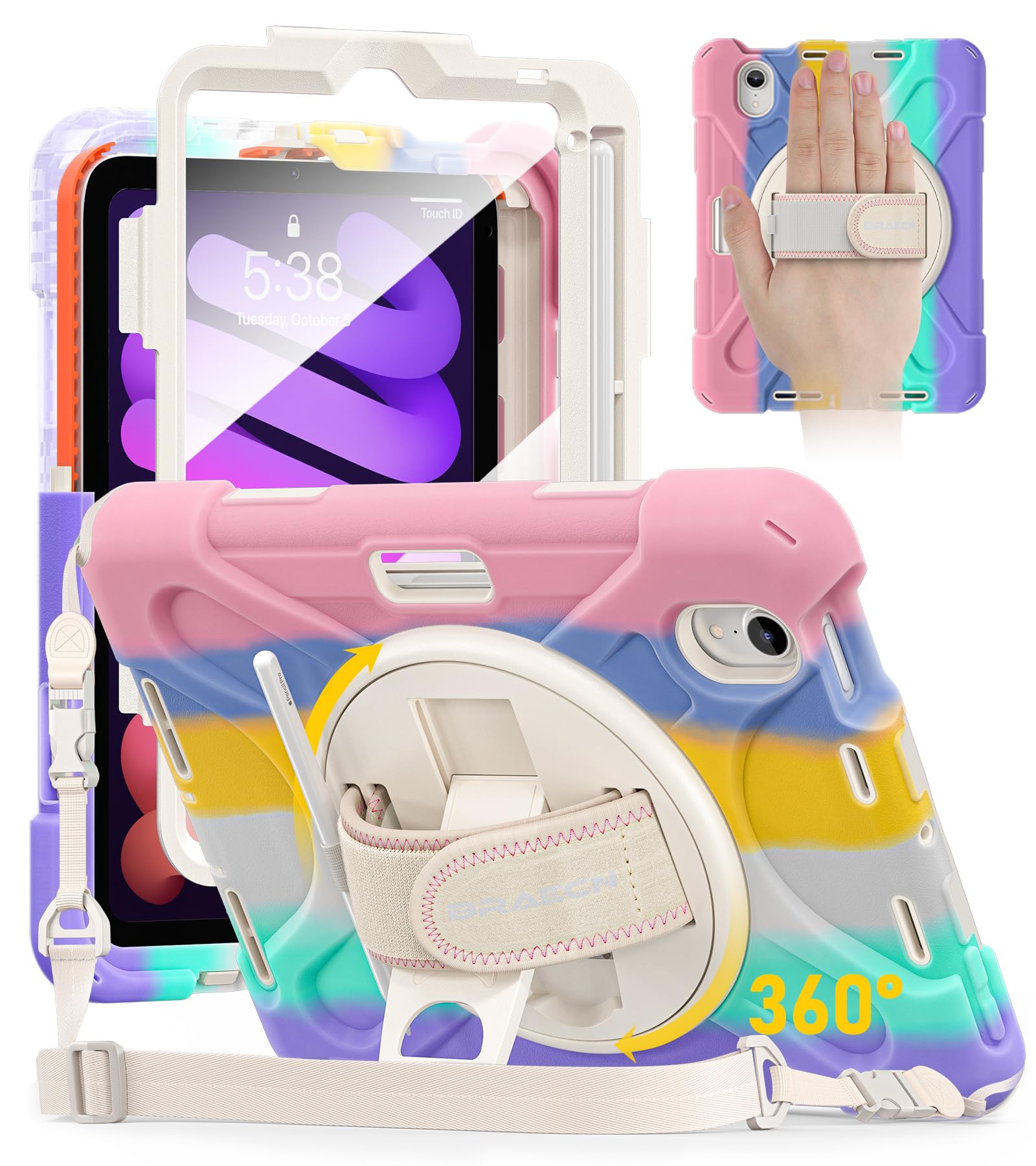 BRAECN for iPad Mini 7(A17 Pro)/ 6 case 2024/2021 8.3 inch Heavy Duty Shockproof Protective with Pencil Holder Screen Protector 360°Rotating Stand Handle & Shoulder Strap Full Body Cover Kids Friendly