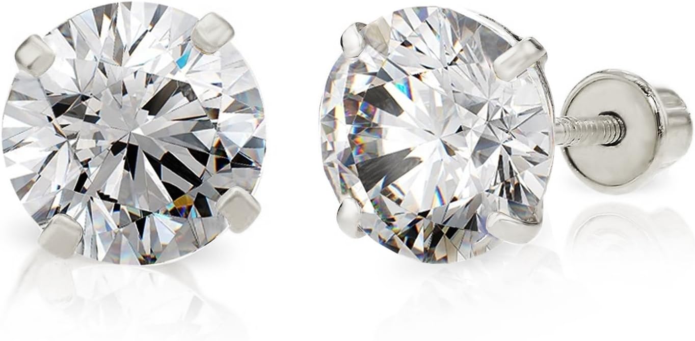 14k White Gold 7MM Cubic Zirconia Stud Earrings with Screw Backs