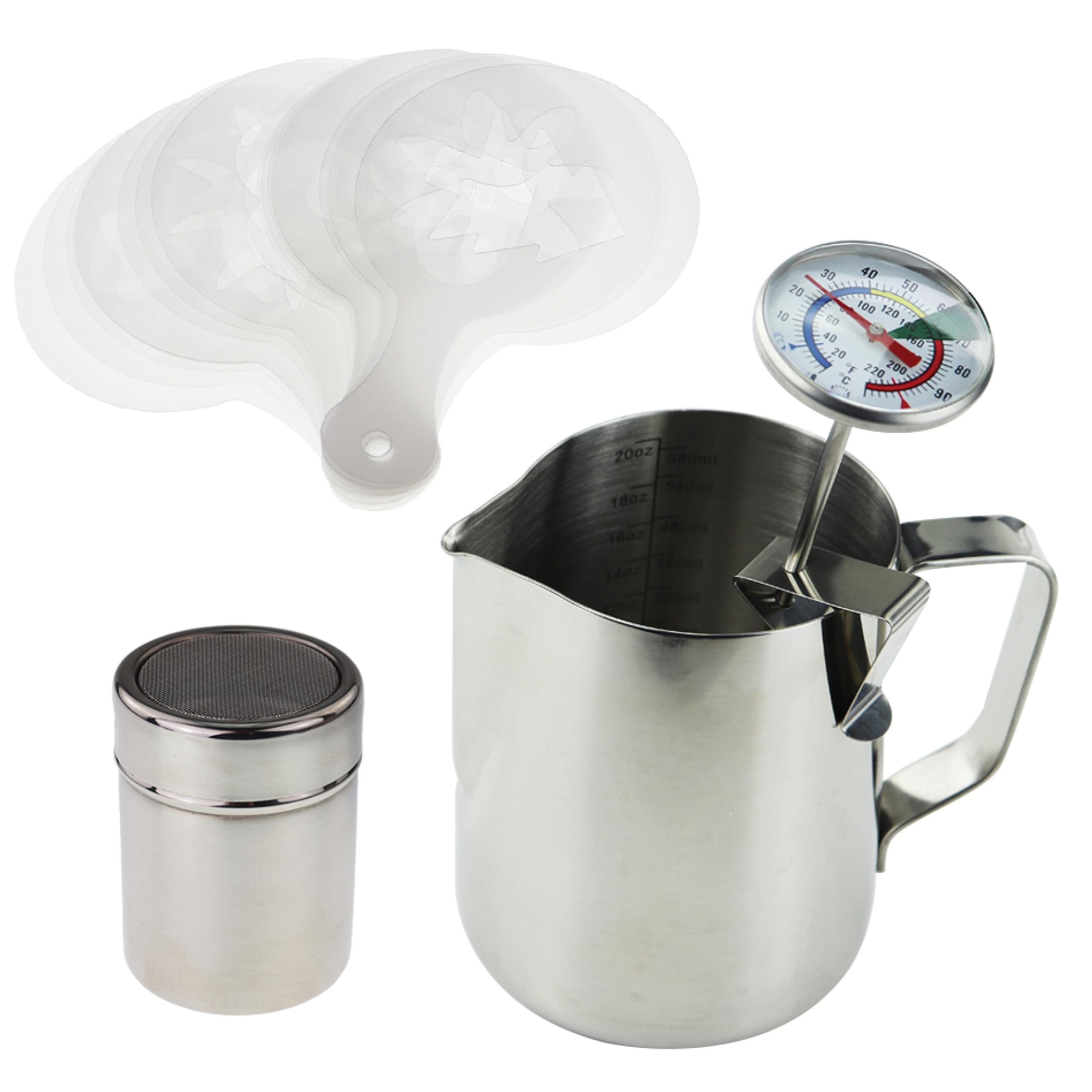 Barista Kit Includes Milk Thermometer, 600ml Milk Jug, Cocoa Shaker and 16 pc Stencil Set - Ideal for Coffee Latte Cappuccino Mocha