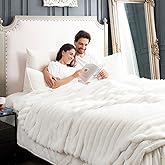 Cozy Bliss Faux Fur Throw Blanket for Couch, Cozy Warm Plush Striped Blanket for Sofa Bedroom Living Room, 108 * 90 Inches Cream White