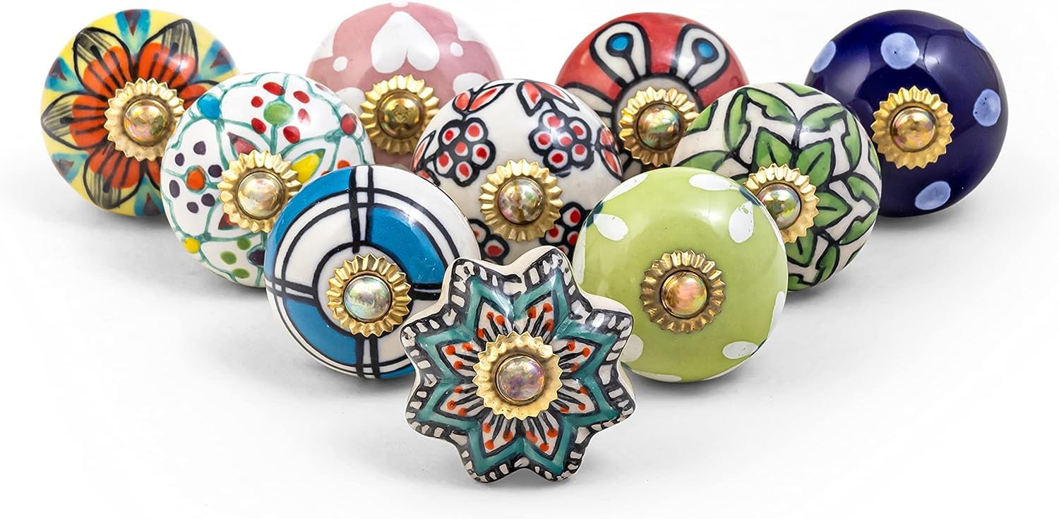Rasiya Art Ceramic Cabinet Knobs - Assorted Boho Handmade Ceramic Dresser Pulls Kitchen Cupboard Wardrobe Drawer Handle Countryside Farmhouse Decor - Multicolor - Pack of 10
