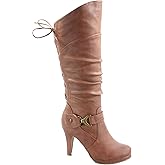 TOP Moda Womens Page-65 Knee High Round Toe Lace-Up Slouched High Heel Boots,Tan,6
