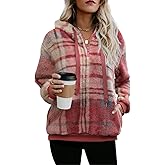 Nirovien Womens Sherpa Pullover Oversized Fuzzy Hoodie Double Fleece Sweatshirts Fluffy Plaid Outerwear Warm Coats