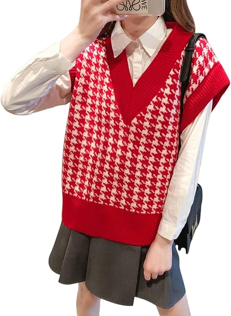 Amazon Co Jp ニットベスト レディース 千鳥格子 Vネック ゆったり ショート 着痩せ ニットタンクトップ ニットセーター トップス チョッキ カジュアル 通学 可愛い 秋冬 ホーム キッチン