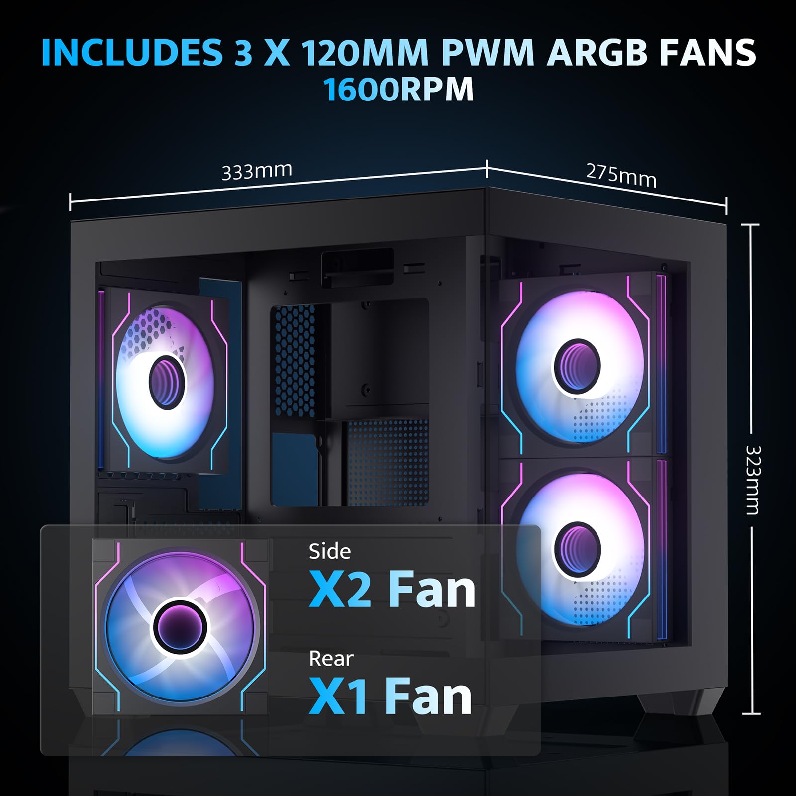 darkFlash ITX PC Case, Pre-Install 3 PWM ARGB Fans Computer Case, Full View Dual Tempered Glass ITX Case, Mini Size, Supports 240mm AIO(C275P) (Black)