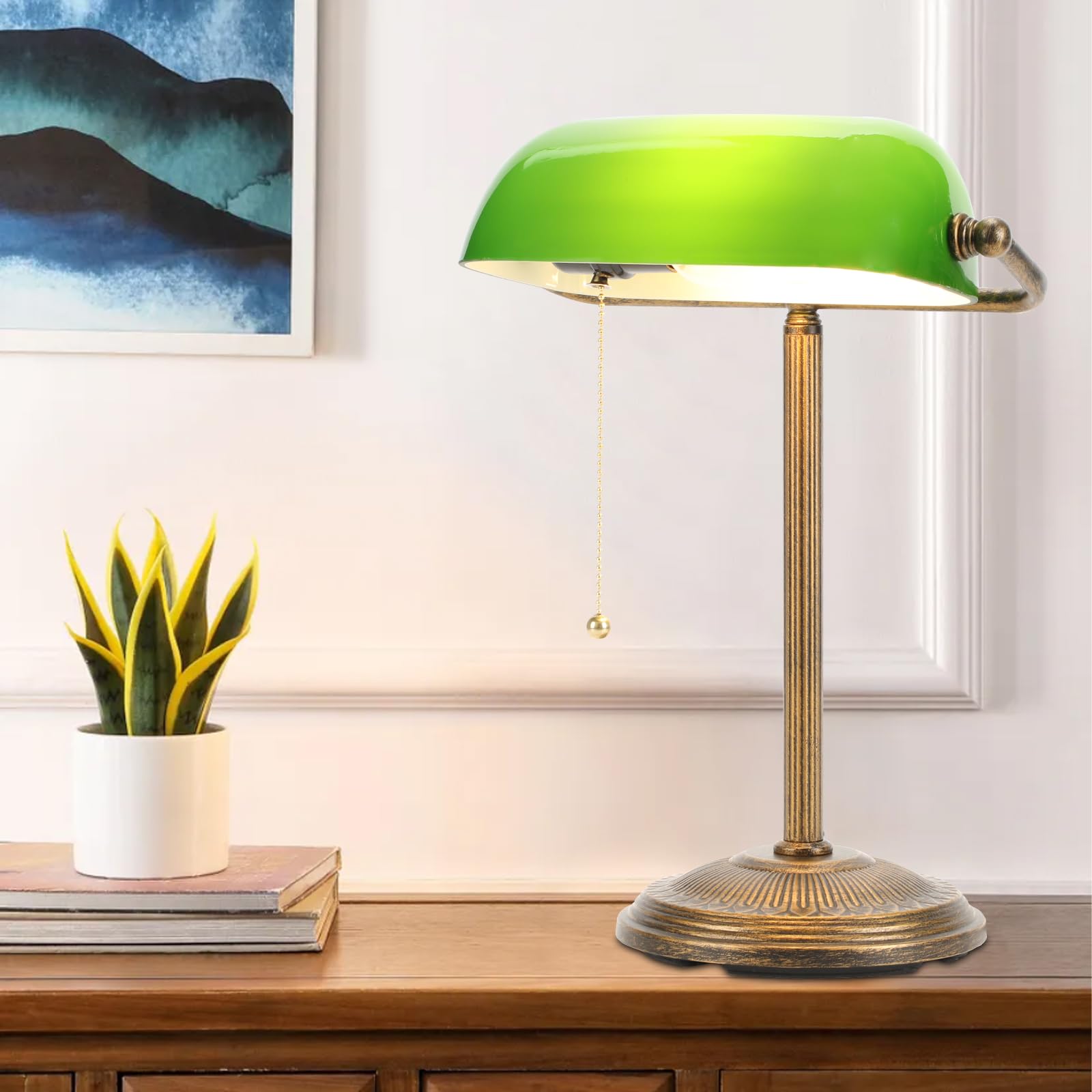 Photo 1 of NISSAFORS Bankers Desk Lamp, Green Glass Shade, Vintage Desk Lamp with Pull Chain Switch, Retro Table Lamps for Home Office(Retro Gold+Green, Small)