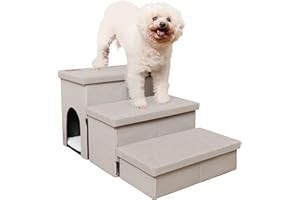 HOMELYSIAN Dog Stairs for High Beds, Folding Pet Steps for Small Dogs and Cats with Storage and Condo, Non-Slip Dog Steps for Couch and Bed up to 22 inches(3 Steps, Beige)