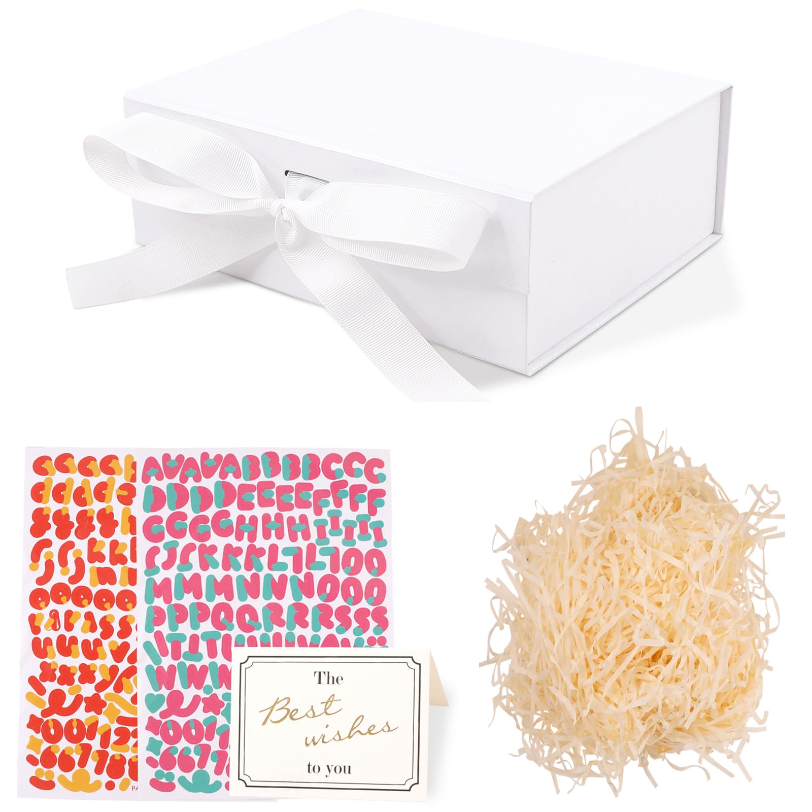 Magnetic Gift Box,Luxury Folding Present Box with 2 free stickers,card,Lids and Shredded Paper,Gift Boxes with ribbon for Wedding, Birthday, Anniversary, Festival,Gift Packaging White