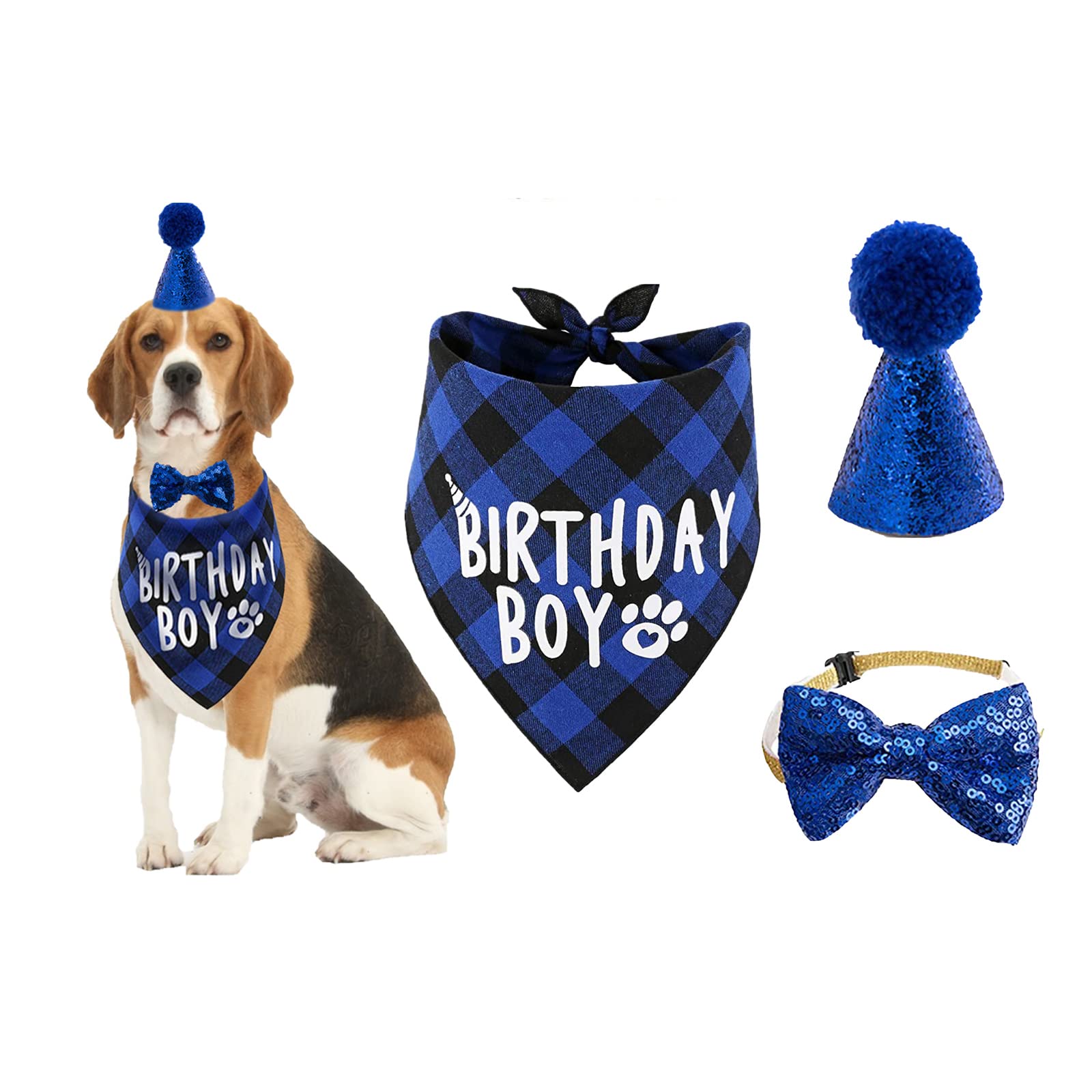 Dog Birthday Bandana Hat Scarf Set, Dog Birthday Party Supplies Dog Bandana Hat Scarfs with Cute Dog Bow Tie Collar Boy Girl Puppy Birthday Hat Scarf classic plaid design for Dog (Blue)