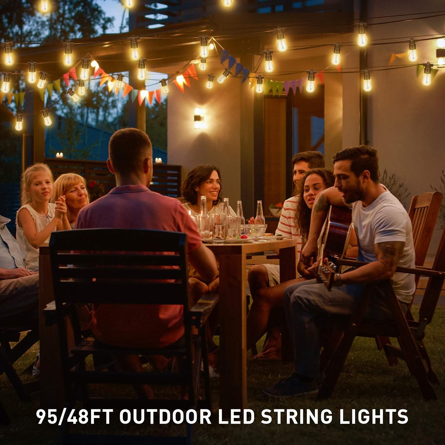 AMSIKE LED Outdoor String Lights 48ft Patio Lights with 16 Bulbs(1 Spare) 2700K Shatterproof Waterproof Plastic Bulbs UL Listed Heavy-Duty Decorative LED Lights for Patio Bistro Backyard Porch Garden - - 