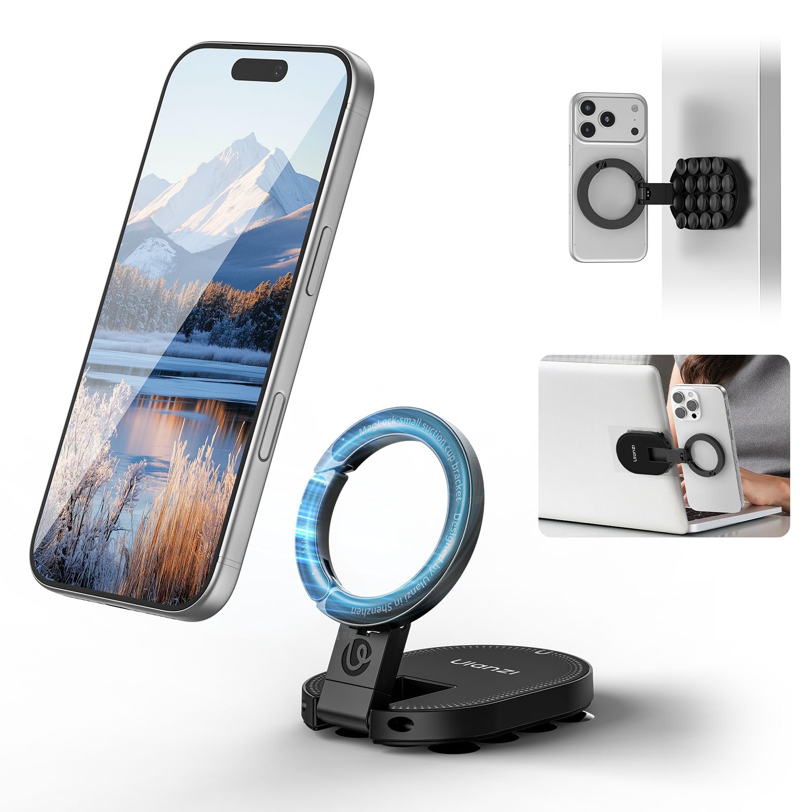 ULANZI MA39 3-in-1 Suction Magnetic Phone Holder for MagSafe, 360° Rotatable Phone Tripod Mount with Carabiner Clip, Compatible with for iPhone 17-12, Ideal for Car Dashboard, Gym, Kitchen, Office