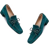 MOOMMO Women Chunky Low Heel Loafers Bow Suede Slip On Closed Square Toe Loafer Shoes Oxfords Comfy 1 Inch Block Heels Dress Shoes Pumps Office Work Pumps Vintage Retro Teal 7.5 M US