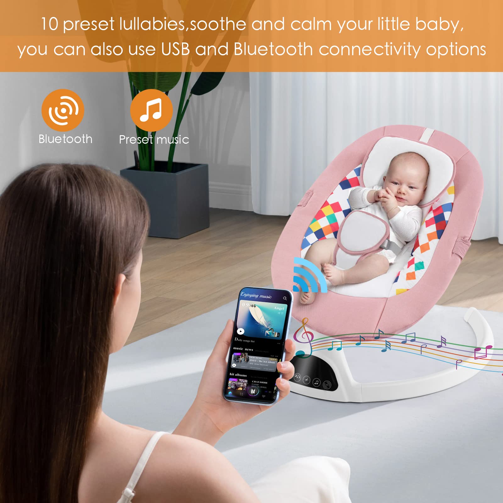 Baby Swing for Infants,Electric Bouncer for Babies,Portable Swing for Baby Boy Girl,Indoor Baby Rocker with 5 Sway Speeds,Music and Bluetooth,Light Pink