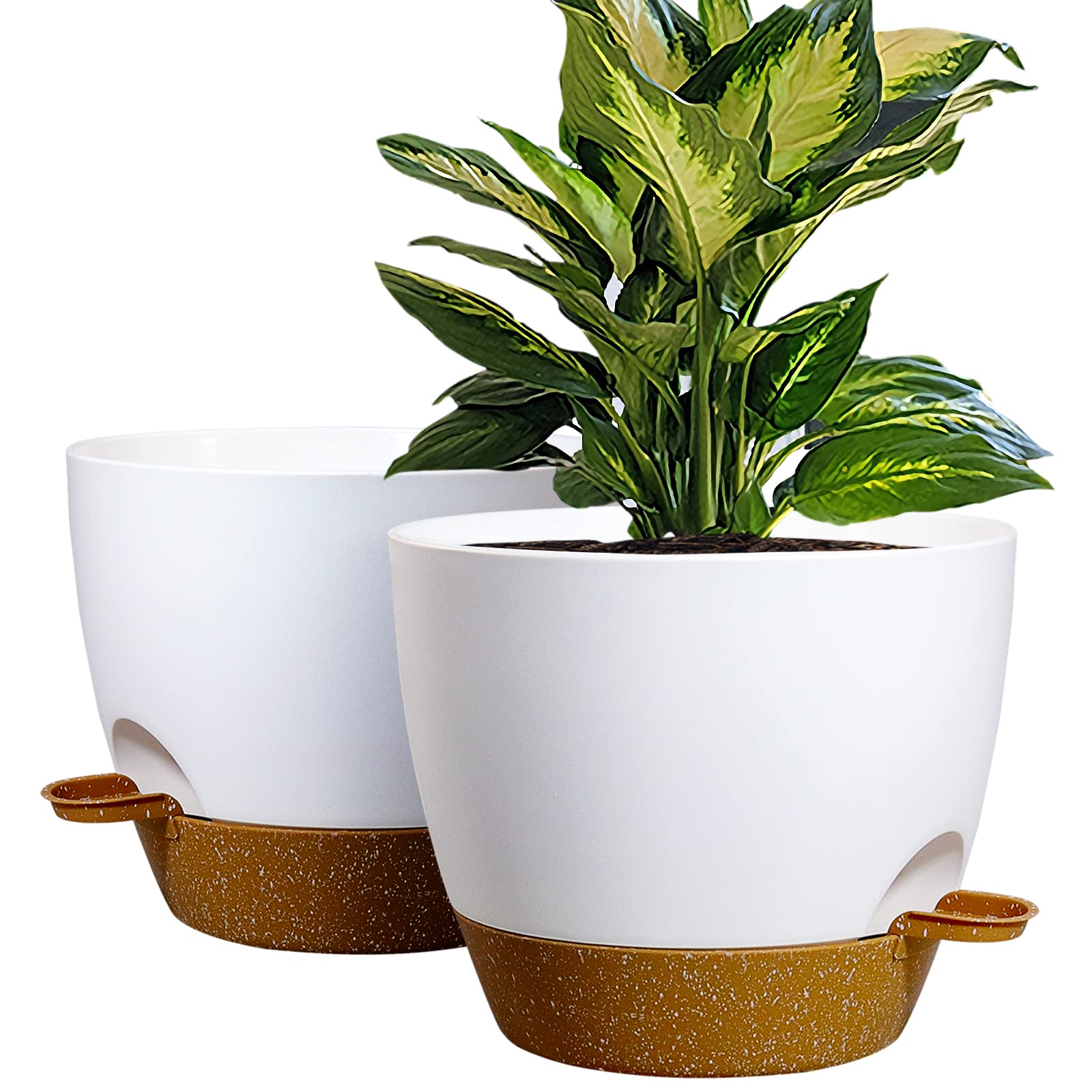 Photo 1 of WOUSIWER 10 inch Self Watering Planters, 2 Pack Large Plastic Plant Pots with Deep Reservior and High Drainage Holes for Indoor Outdoor Plants and Flowers, White with Terracotta